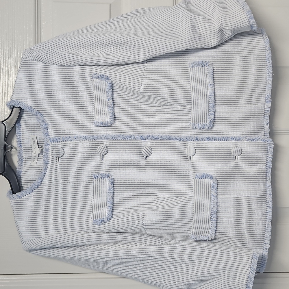 Preston & York Judith Boucle Tweed Round Neck Jacket: Blue/White Stripe:Size- 12 - Picture 1 of 14
